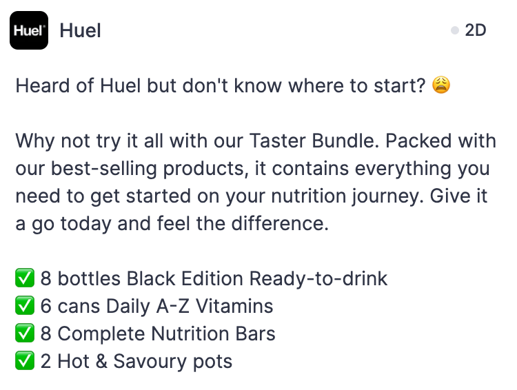 Heard of Huel but don't know where to start?  Facebook Ad